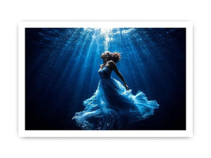 Luxury underwater woman canvas art with flowing blue dress for elegant modern bedroom or living room decor.