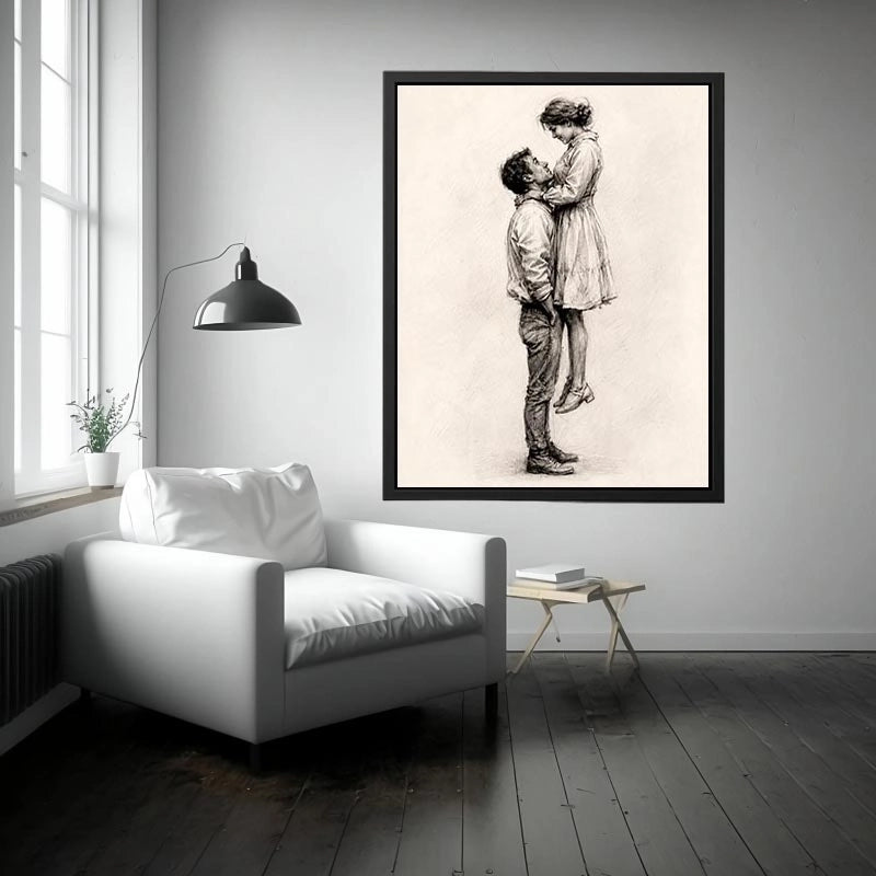 Minimalist romantic couple sketch canvas art for elegant bedroom and modern living room decor.