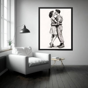 Vintage romantic couple sketch canvas art for elegant bedroom and modern living room decor.