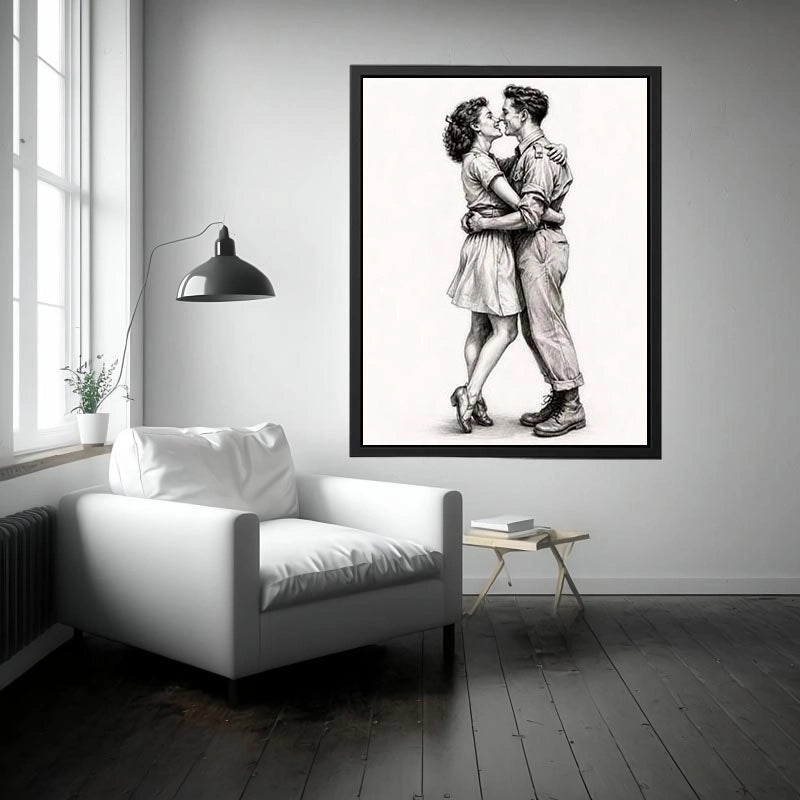Vintage romantic couple sketch canvas art for elegant bedroom and modern living room decor.