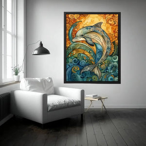 Colorful dolphin coastal canvas art for beach house, nursery, and playful modern decor.