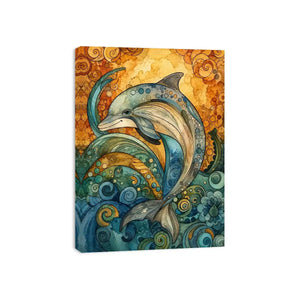 Colorful dolphin coastal canvas art for beach house, nursery, and playful modern decor.