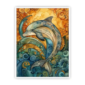 Colorful dolphin coastal canvas art for beach house, nursery, and playful modern decor.