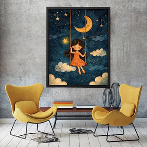 Moonlit girl nursery canvas art with stars and clouds for whimsical kids bedroom decor.