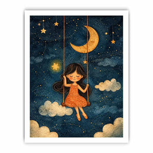 Moonlit girl nursery canvas art with stars and clouds for whimsical kids bedroom decor.