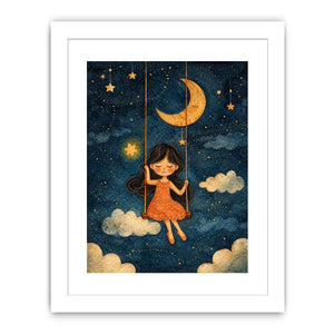 Moonlit girl nursery canvas art with stars and clouds for whimsical kids bedroom decor.