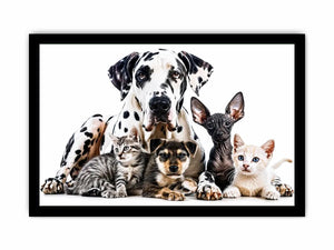 Modern pet canvas art with Great Dane, puppies, and kittens for stylish living room decor.