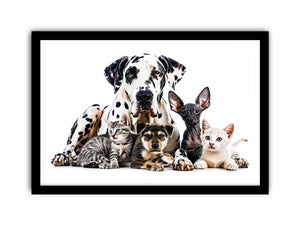 Modern pet canvas art with Great Dane, puppies, and kittens for stylish living room decor.