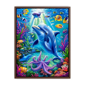 Colorful dolphin ocean canvas art with tropical fish for nursery or coastal living room decor.