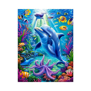 Colorful dolphin ocean canvas art with tropical fish for nursery or coastal living room decor.