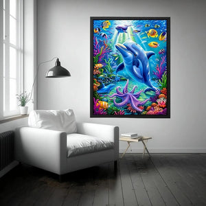 Colorful dolphin ocean canvas art with tropical fish for nursery or coastal living room decor.