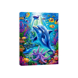 Colorful dolphin ocean canvas art with tropical fish for nursery or coastal living room decor.