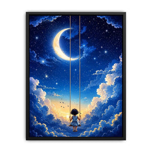 Dreamy moon and cloud canvas art with child on swing for serene bedroom or nursery decor.