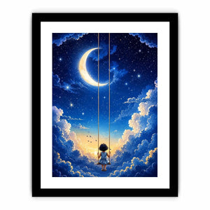 Dreamy moon and cloud canvas art with child on swing for serene bedroom or nursery decor.