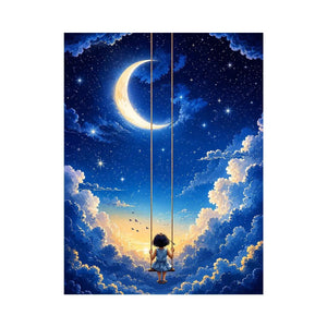Dreamy moon and cloud canvas art with child on swing for serene bedroom or nursery decor.
