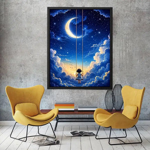 Dreamy moon and cloud canvas art with child on swing for serene bedroom or nursery decor.