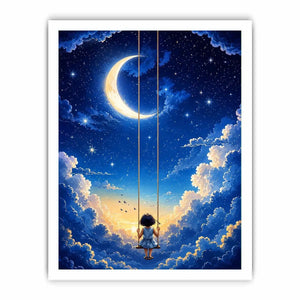 Dreamy moon and cloud canvas art with child on swing for serene bedroom or nursery decor.