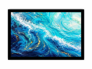 Abstract ocean wave canvas art in teal and white for modern coastal living room decor.