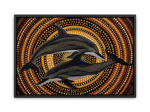 Golden dolphin dot painting canvas art for luxury coastal living room decor.