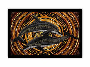 Golden dolphin dot painting canvas art for luxury coastal living room decor.