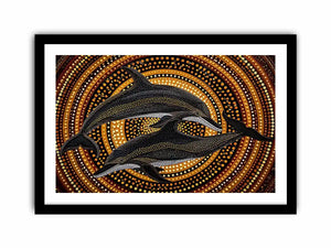 Golden dolphin dot painting canvas art for luxury coastal living room decor.