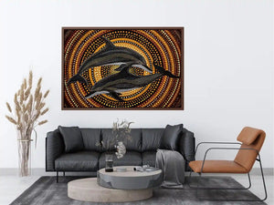 Golden dolphin dot painting canvas art for luxury coastal living room decor.