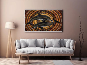Golden dolphin dot painting canvas art for luxury coastal living room decor.