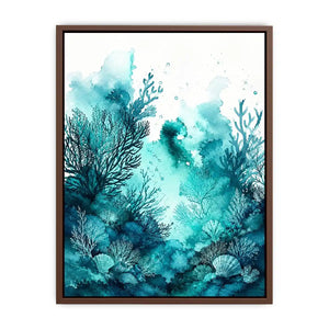 Seafoam coral watercolor canvas art for serene coastal bathroom or bedroom decor.