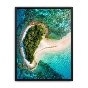 Tropical island aerial canvas art with turquoise ocean for modern coastal living room decor.