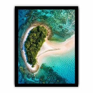 Tropical island aerial canvas art with turquoise ocean for modern coastal living room decor.