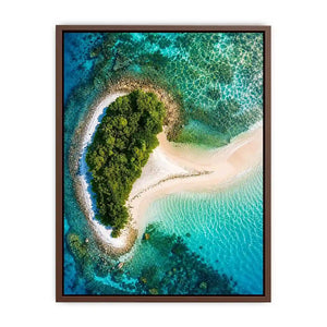 Tropical island aerial canvas art with turquoise ocean for modern coastal living room decor.