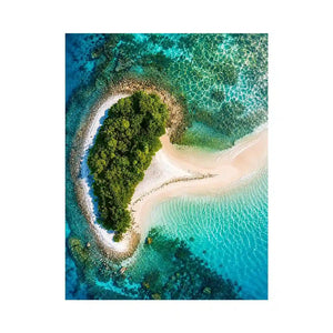Tropical island aerial canvas art with turquoise ocean for modern coastal living room decor.