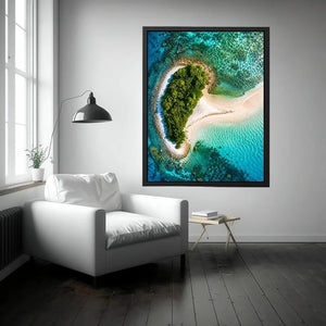 Tropical island aerial canvas art with turquoise ocean for modern coastal living room decor.