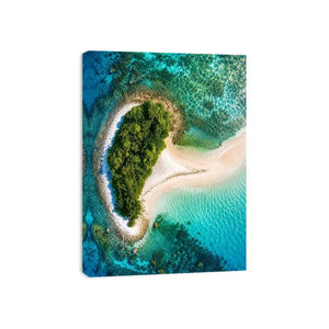 Tropical island aerial canvas art with turquoise ocean for modern coastal living room decor.
