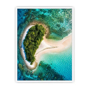 Tropical island aerial canvas art with turquoise ocean for modern coastal living room decor.