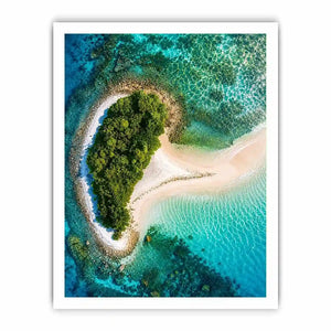 Tropical island aerial canvas art with turquoise ocean for modern coastal living room decor.