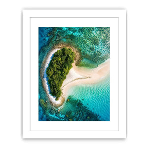 Tropical island aerial canvas art with turquoise ocean for modern coastal living room decor.