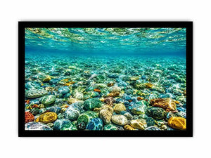 Clear underwater stone photography canvas art for calming coastal living room decor.