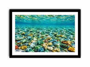 Clear underwater stone photography canvas art for calming coastal living room decor.