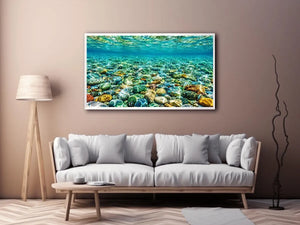 Clear underwater stone photography canvas art for calming coastal living room decor.