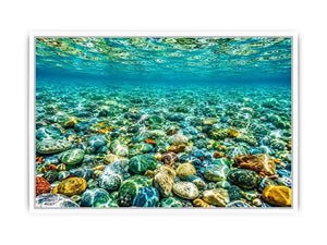 Clear underwater stone photography canvas art for calming coastal living room decor.