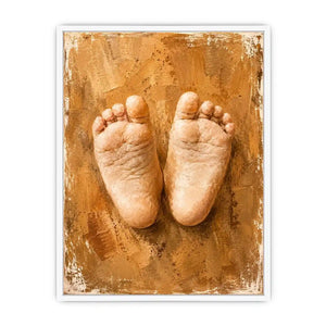 Neutral baby footprints canvas art for warm nursery and family room decor.
