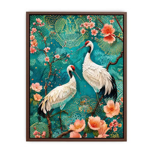 Elegant crane and cherry blossom canvas art for Japandi living room decor.