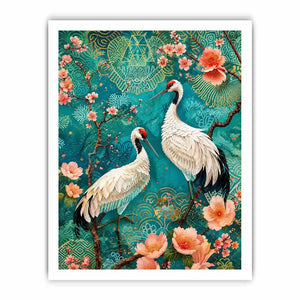 Elegant crane and cherry blossom canvas art for Japandi living room decor.