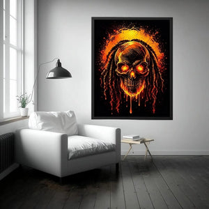 Flaming skull graffiti canvas art for dramatic gaming room or man cave decor.