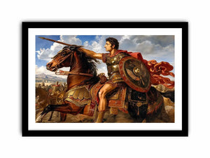 Ancient roman warrior on horseback in renaissance inspired historical artwork style for office decor.