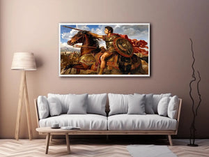 Ancient roman warrior on horseback in renaissance inspired historical artwork style for office decor.