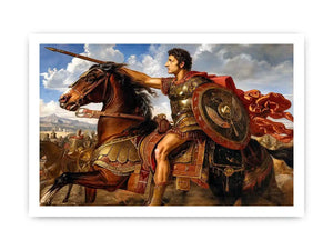 Ancient roman warrior on horseback in renaissance inspired historical artwork style for office decor.