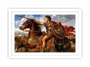 Ancient roman warrior on horseback in renaissance inspired historical artwork style for office decor.