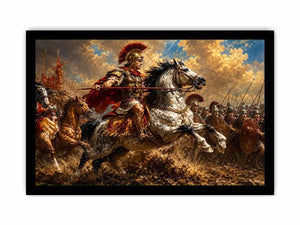 Roman cavalry battle scene in dramatic classical battle painting style for living room decor.